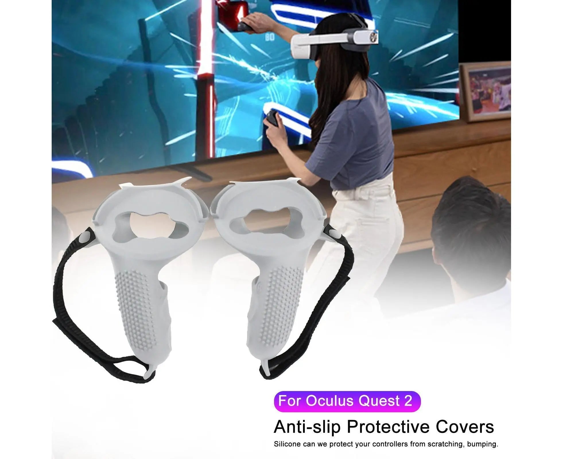 3 in 1 Anti-slip Adjustable Handle Cover Hand Strap Grip Cap Kit for Oculus Quest 2 Controller White Wholesale Hub