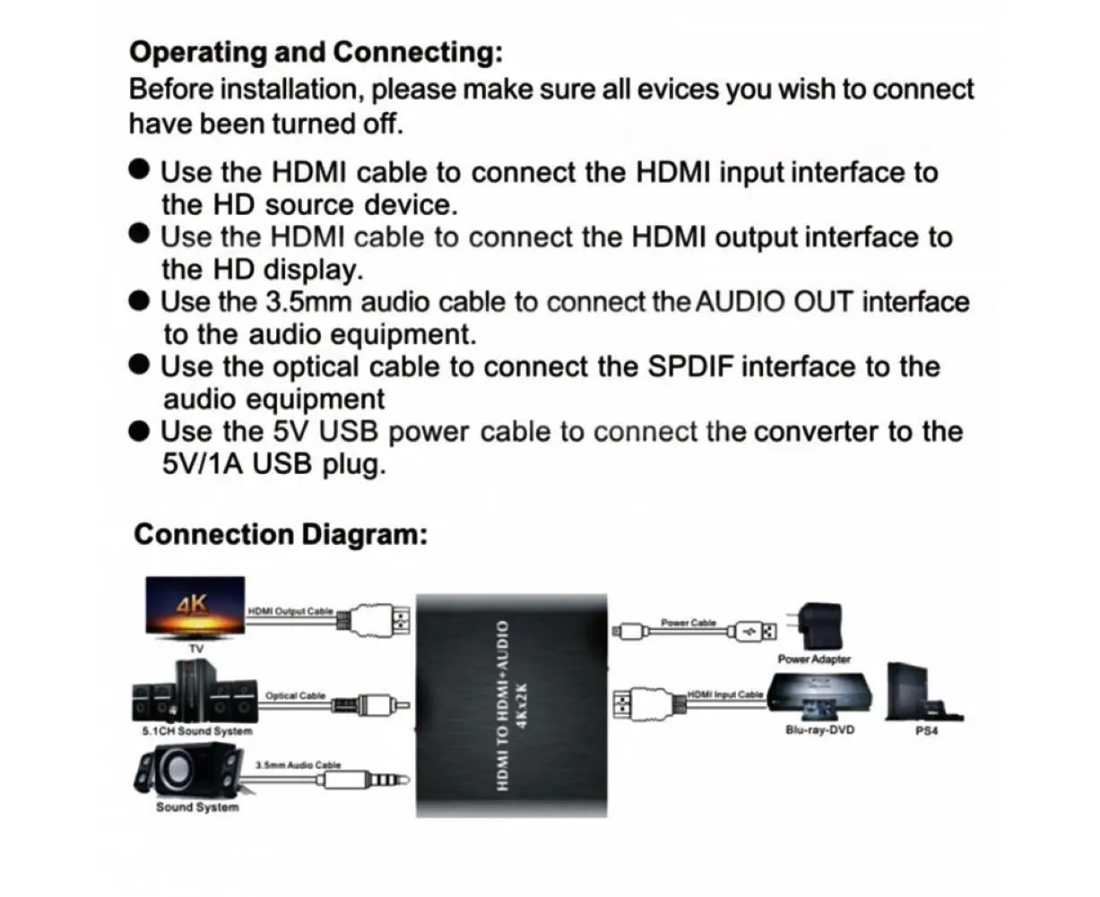 4K HDMI-compatible to HDMI-compatible Optical SPDIF 3.5mm Audio Extractor Converter Splitter Adapter Black Wholesale Hub