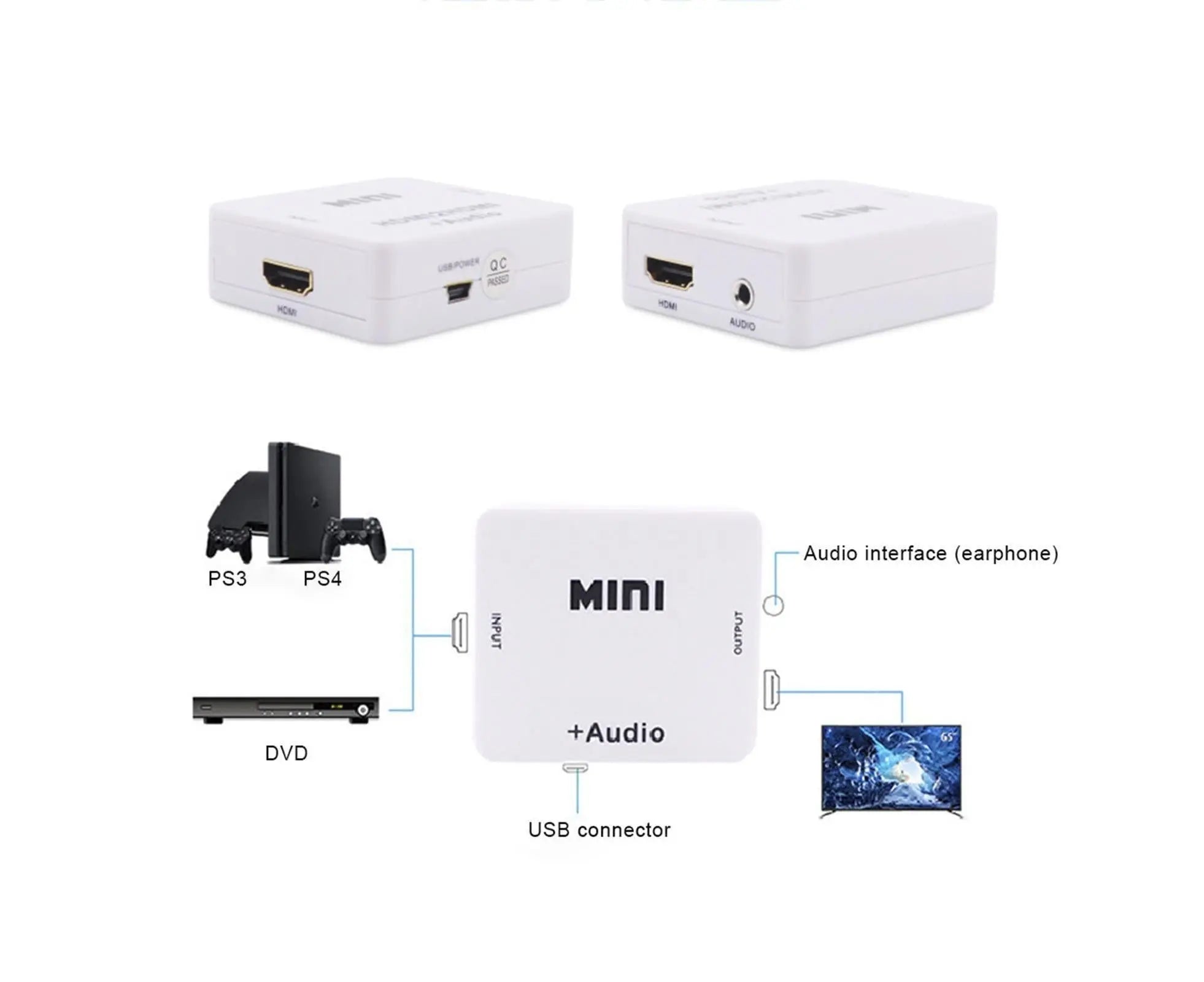 Multifunctional 1080P HDMI-compatible to HDMI-compatible 3.5mm R/L Audio Converter Extractor Splitter White Wholesale Hub