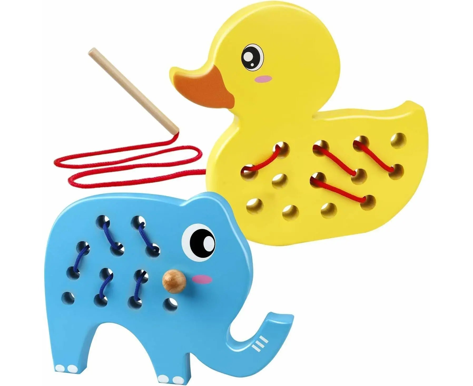 Wooden Lacing Duck And Elephant, 2Pcs Animals Fine Motor Skills Threading Toys, Airplane Car Travel Game Montessori Cognition Preschool Puzzle Gift For Yea Wholesale Hub
