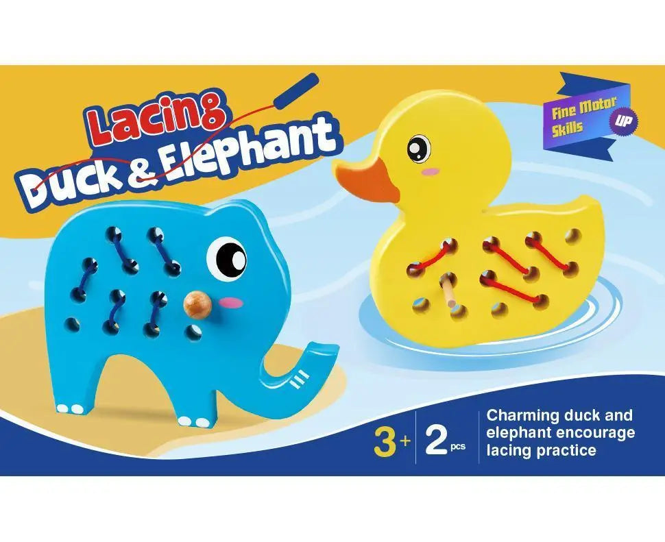Wooden Lacing Duck And Elephant, 2Pcs Animals Fine Motor Skills Threading Toys, Airplane Car Travel Game Montessori Cognition Preschool Puzzle Gift For Yea Wholesale Hub