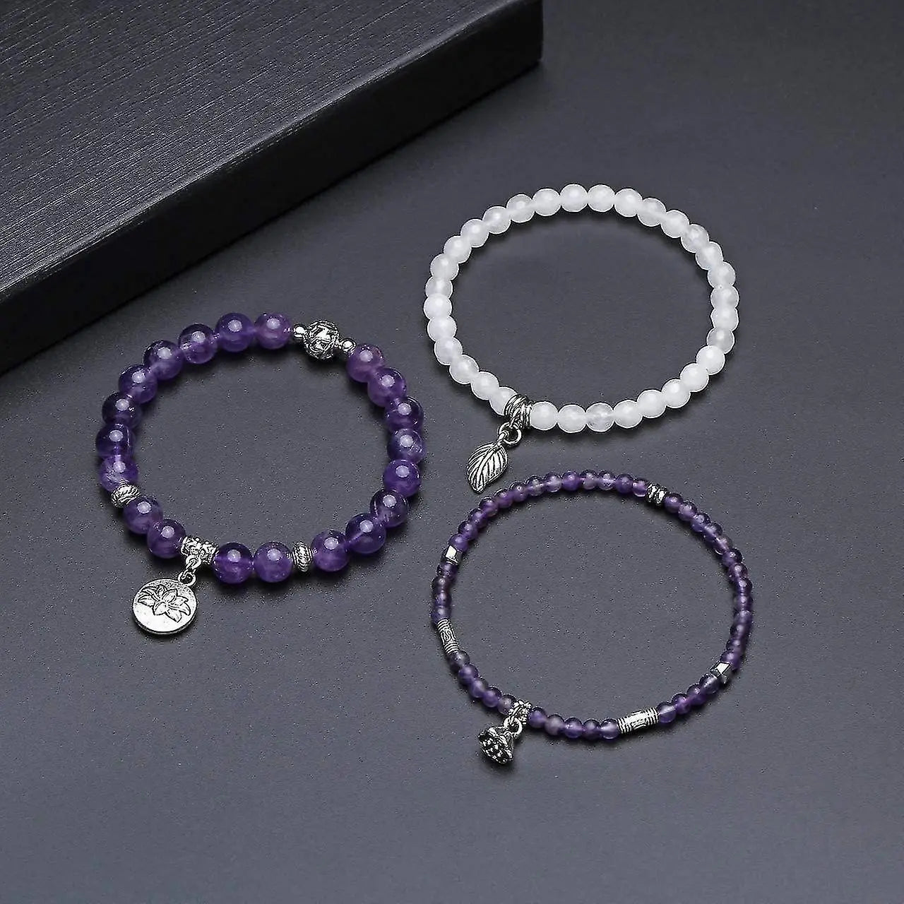 3pcs Amethyst Rose Quartz Crystal Beaded Chakra Bracelet Natural Healing Energy Lotus Charm Beads Stone Reiki Stackable Stretch Bracelets Set Wholesale Hub