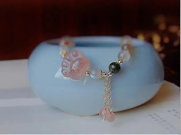 Natural Pink Strawberry Crystal Cat's Claw Pendant Tassel Bracelet Wholesale Hub