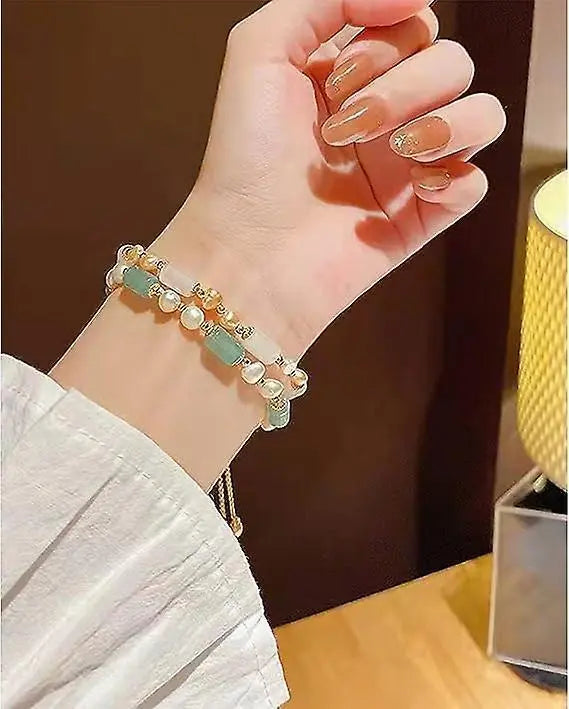 Jade Pearls Bracelet Gold Wealthy Good Fortune Jade Bangle Amulet For Women, Lucky Jade Feng Shui Healing Crystal Bracelet Wholesale Hub