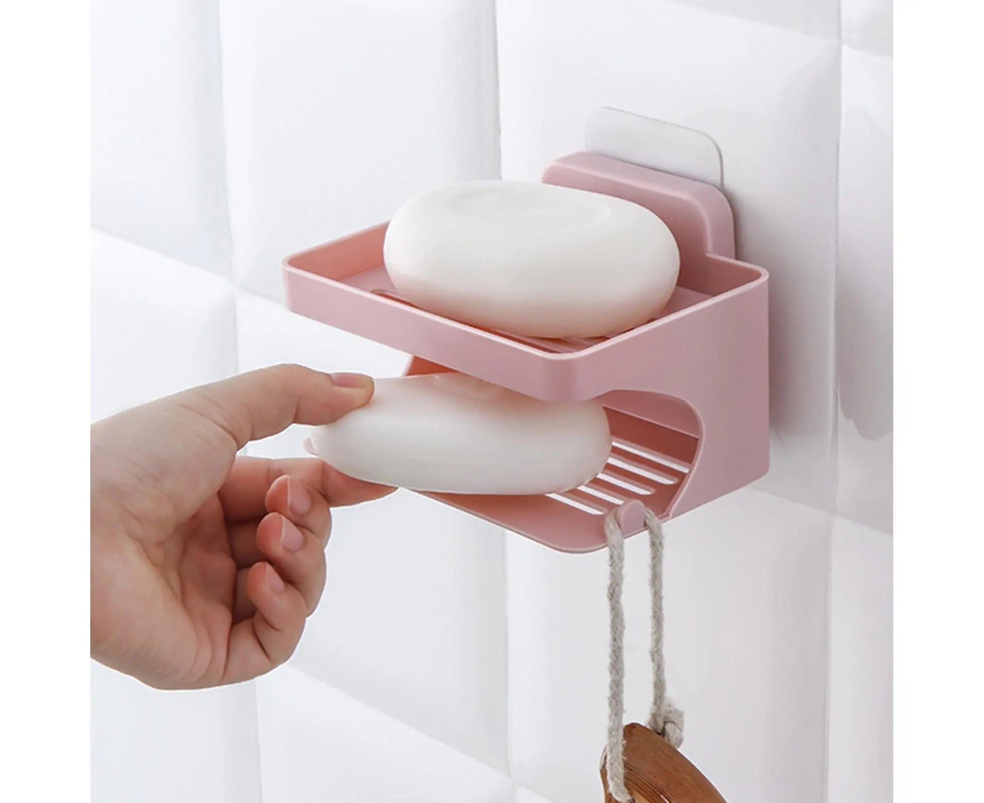 Soap Holder Double Deck Wall Mount No Punching Trace Free Non-slip Storage ABS Self Draining Soap Rack Bathroom Supplies-Pink Wholesale Hub