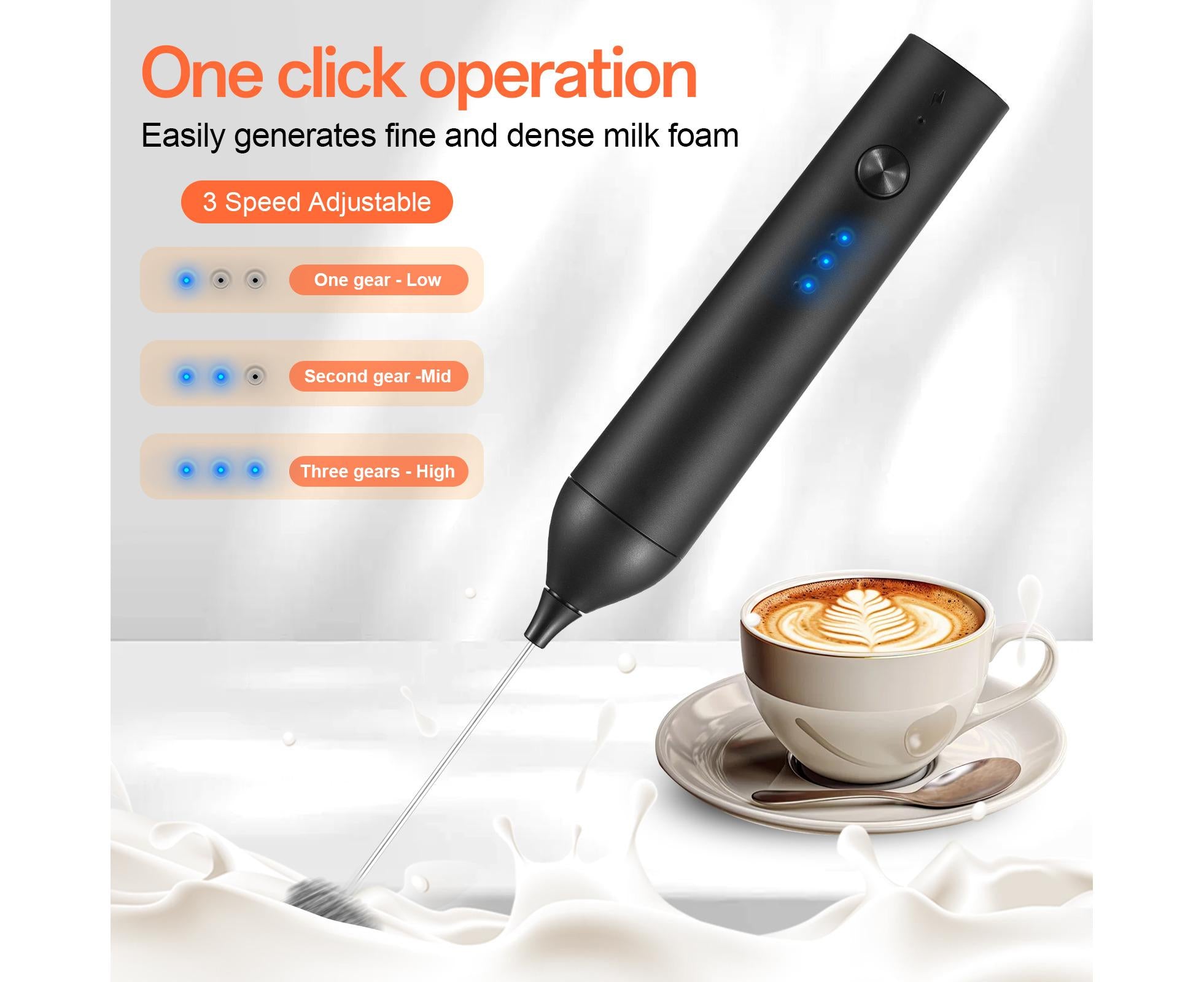 Electric Milk Frother, Rechargeable Handheld Foam Maker, 3 Adjustable Speed Levels, Standable Whisk for Coffee & Cream Wholesale Hub