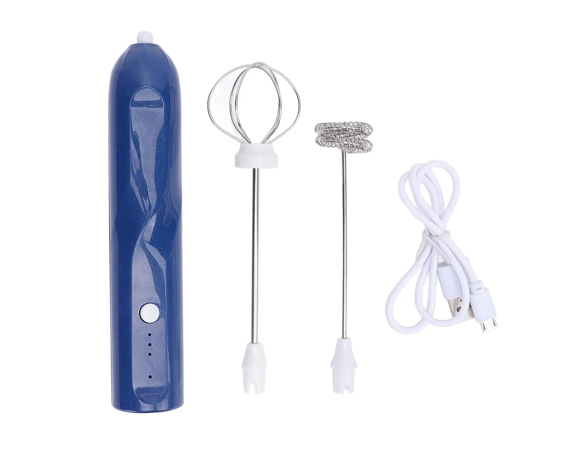 Rechargeable Milk Frother, Handheld Wand with 2 Whisk Attachments, Electric Drink Mixer & Foamer for Coffee & Egg, Blue Wholesale Hub