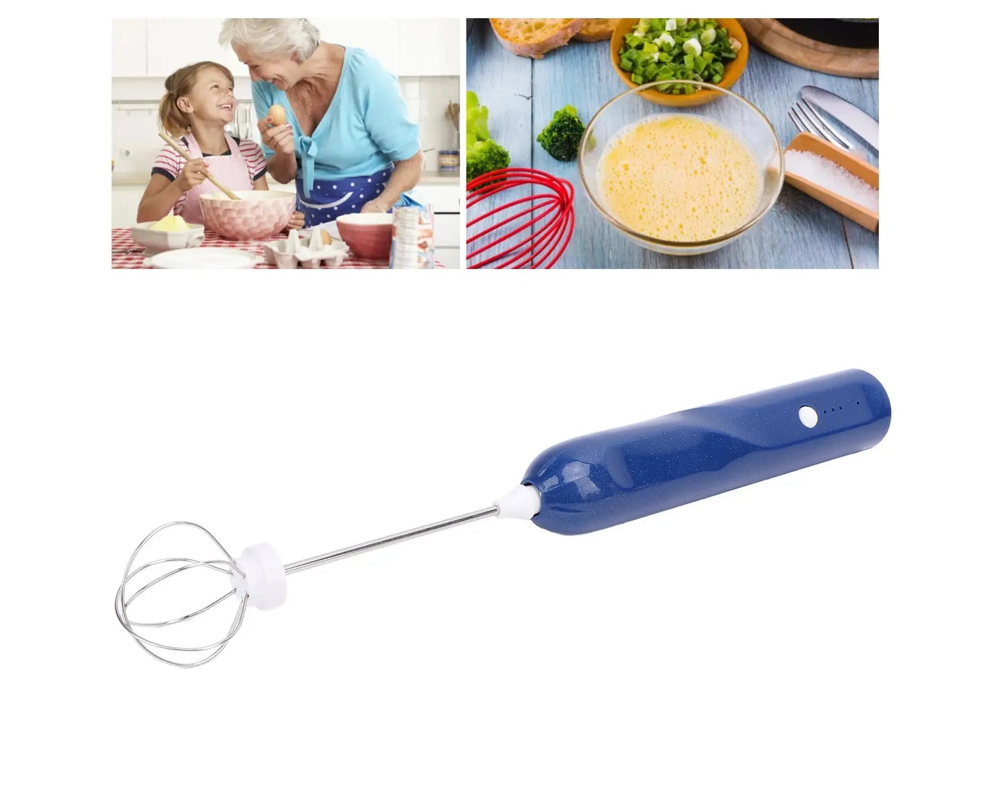 Rechargeable Milk Frother, Handheld Wand with 2 Whisk Attachments, Electric Drink Mixer & Foamer for Coffee & Egg, Blue Wholesale Hub