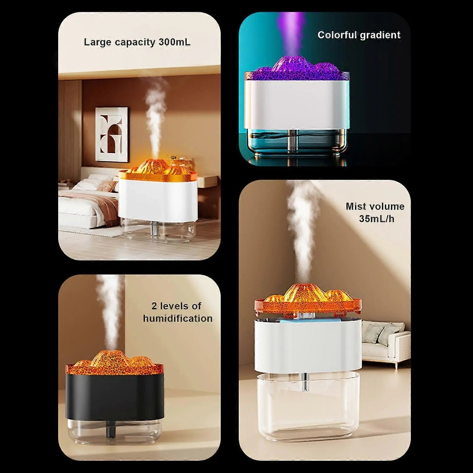 300ml Flame Effect Aromatherapy Humidifier with LED Light, Quiet USB Humidifier Wholesale Hub