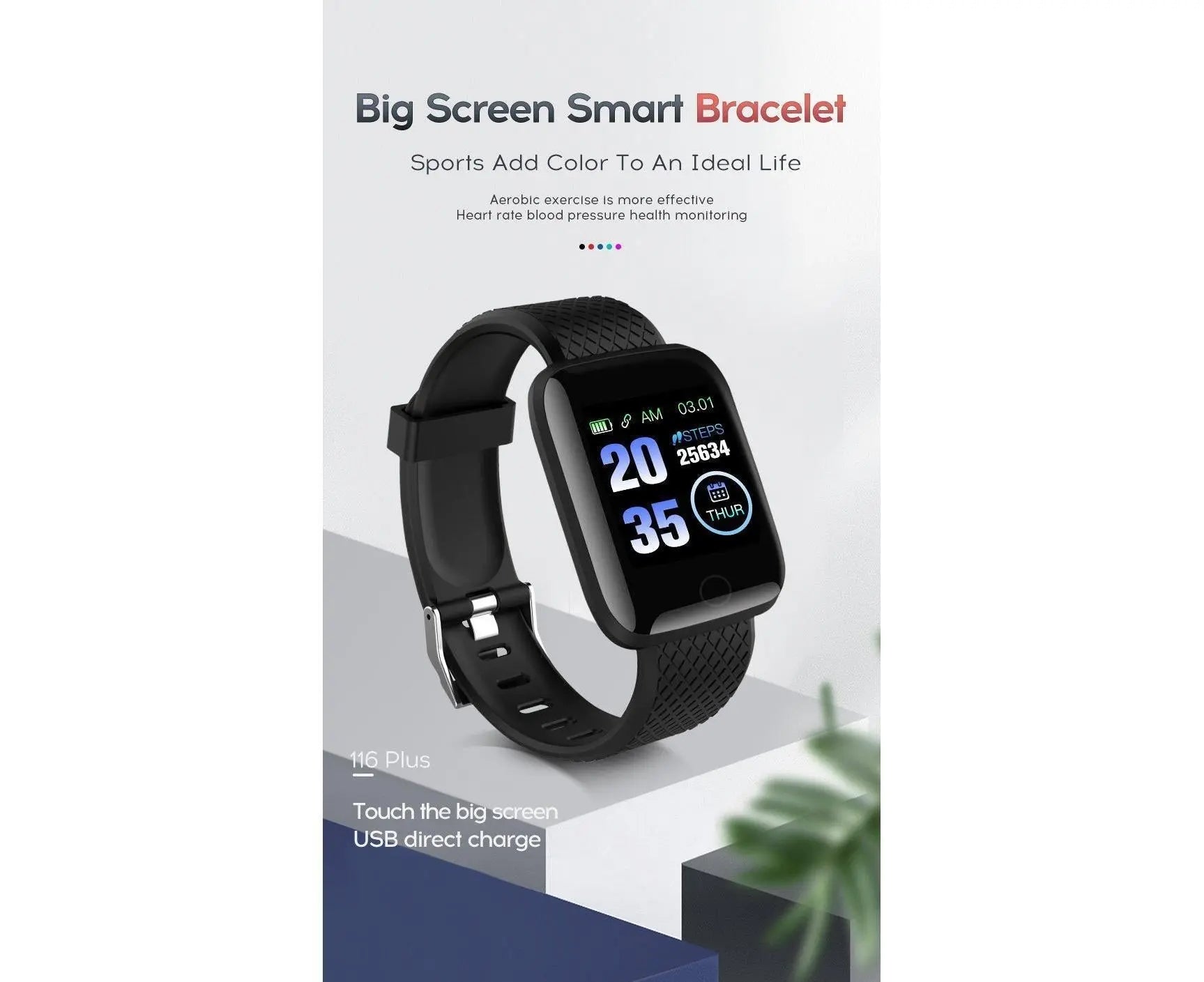 116Plus Sports Android IOS Bluetooth Touch Water Resistant Screen Fitness Tracker Smart Wrist Bracelet - Black Wholesale Hub