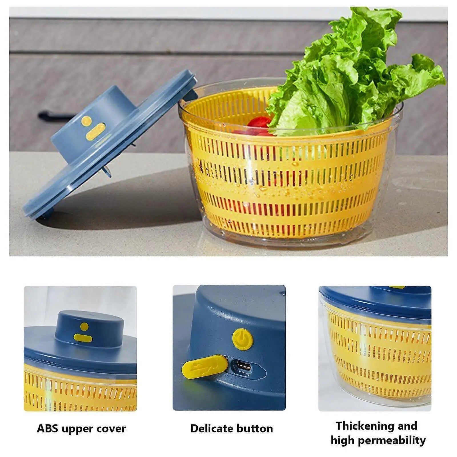 Large Electric Salad Spinner, Yellow Multi-Use Lettuce Dryer Easy Clean Wholesale Hub