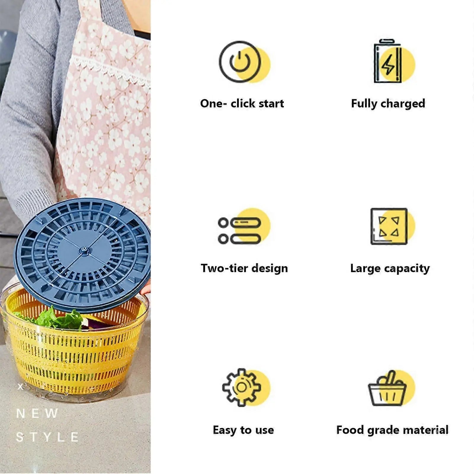 Large Electric Salad Spinner, Yellow Multi-Use Lettuce Dryer Easy Clean Wholesale Hub