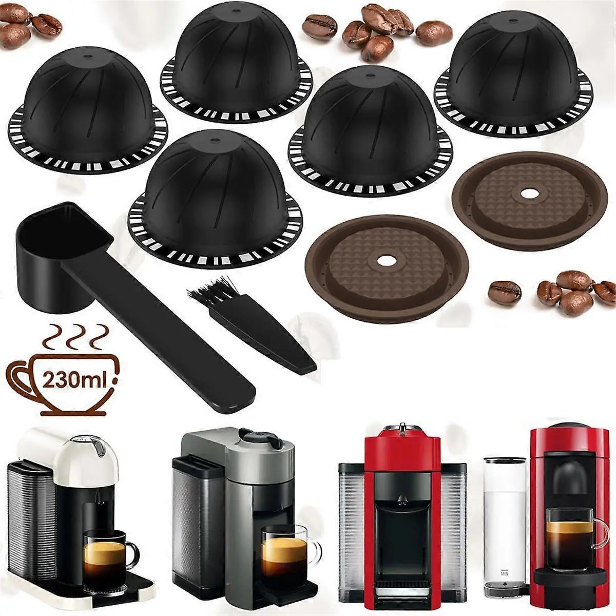 5Pcs Reusable Vertuo Coffee Pods with 2 Silicone Lids Spoon and Cleaning Brush Wholesale Hub
