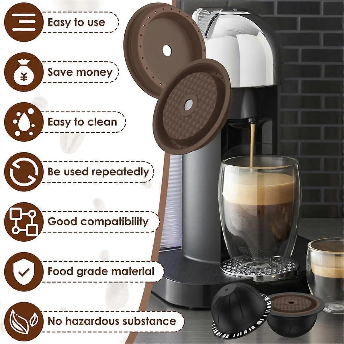 5Pcs Reusable Vertuo Coffee Pods with 2 Silicone Lids Spoon and Cleaning Brush Wholesale Hub