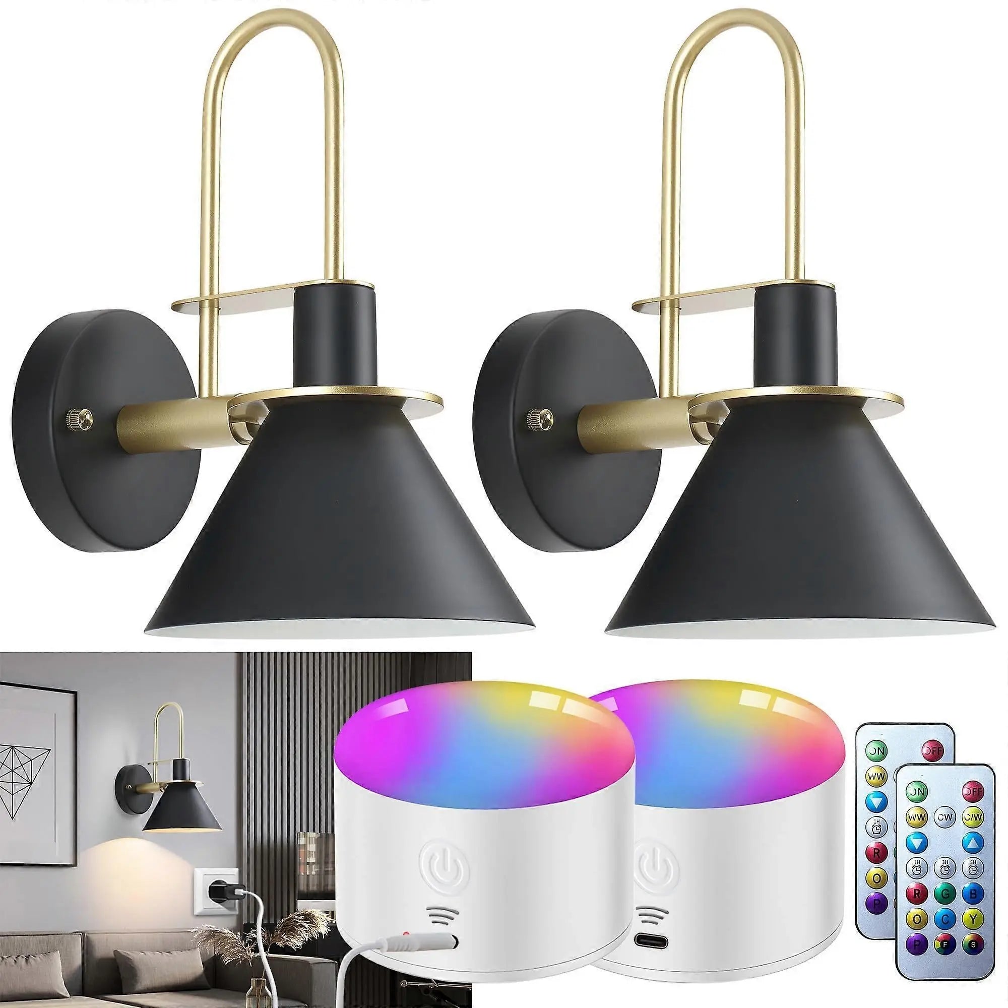 Battery Operated Wall Sconces Set of 2, RGB Wireless LED, Remote, 10000mAh, Black Wholesale Hub