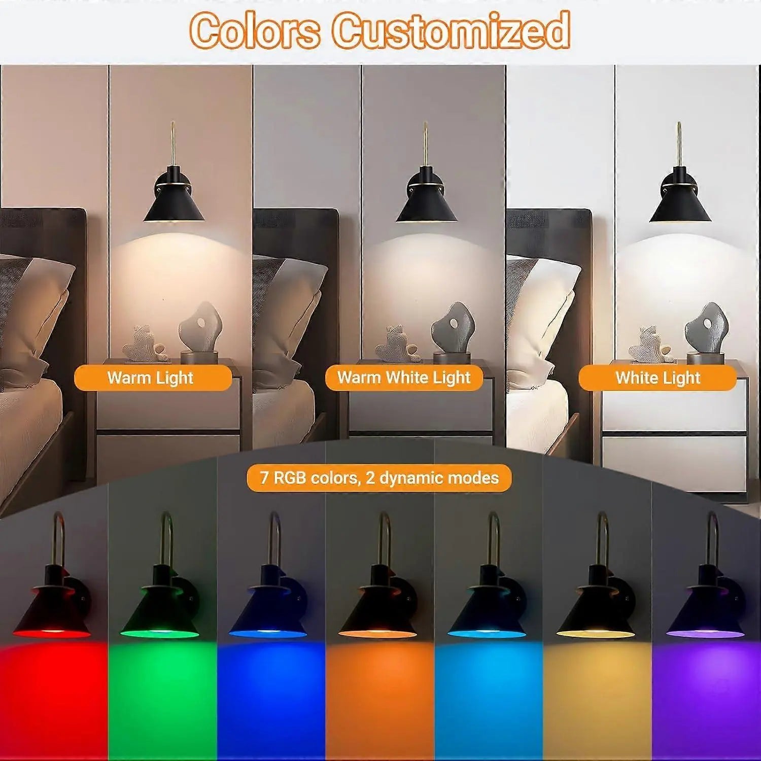 Battery Operated Wall Sconces Set of 2, RGB Wireless LED, Remote, 10000mAh, Black Wholesale Hub