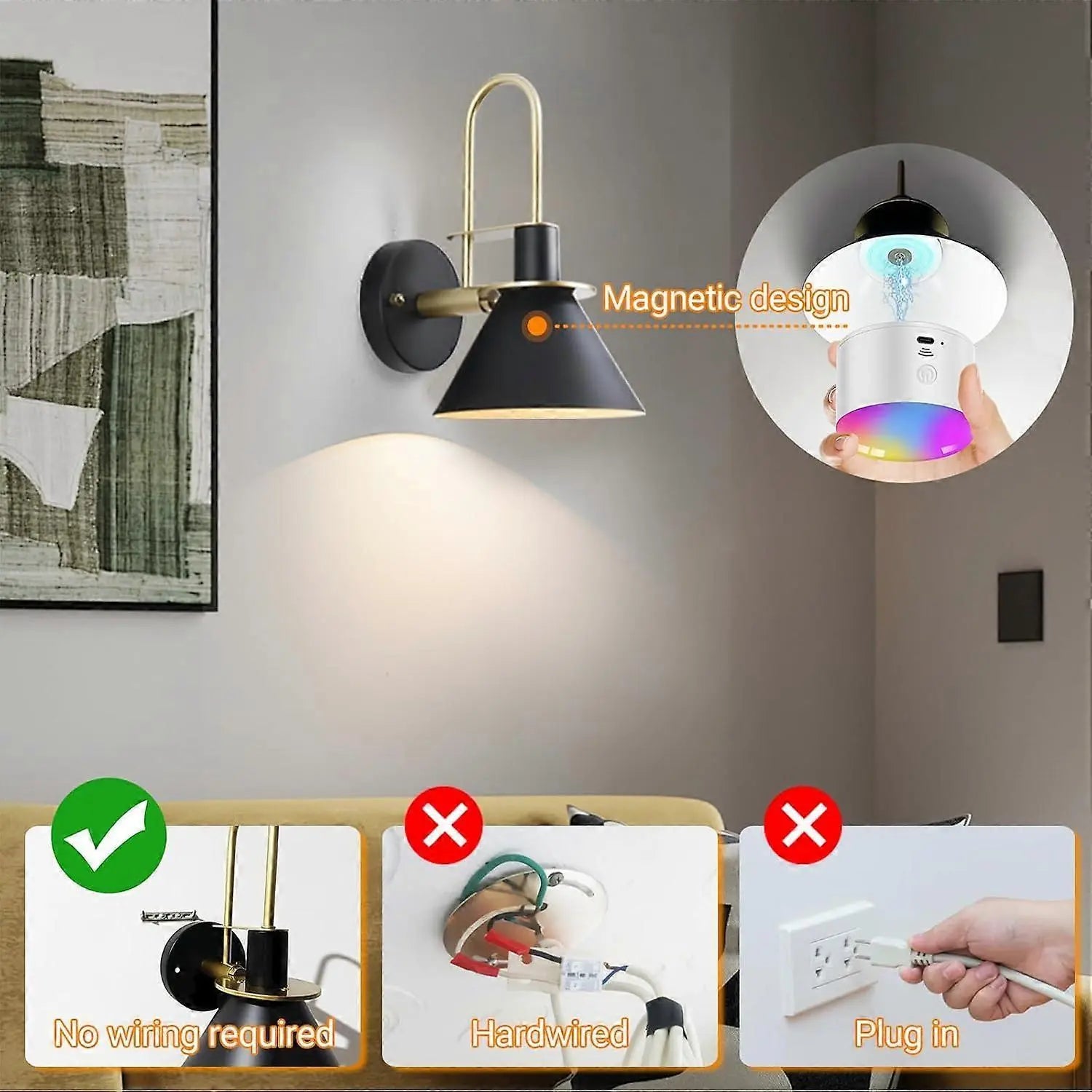 Battery Operated Wall Sconces Set of 2, RGB Wireless LED, Remote, 10000mAh, Black Wholesale Hub