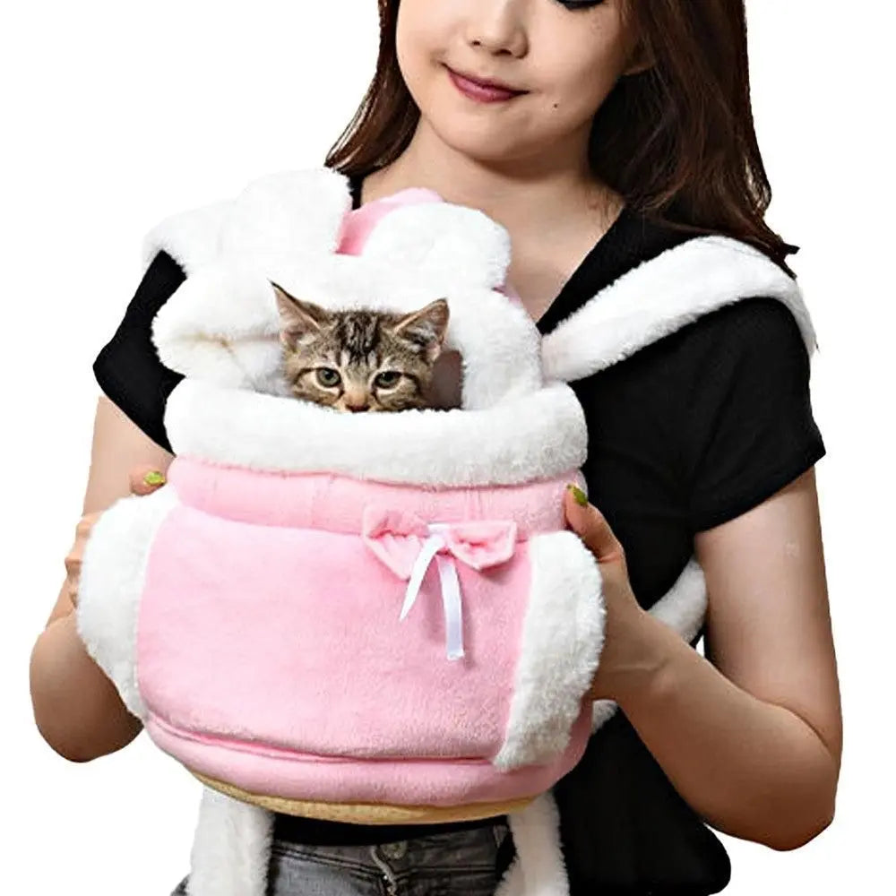 Plush Pet Carrier Backpack Pet Warm Bag with Hand Warmer Pocket Pink - S Wholesale Hub