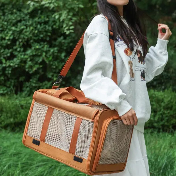 Multifunctional Pet Travel Bag: Large Capacity, Breathable, Portable, Handheld or Crossbody Pet Bag - Brown Wholesale Hub