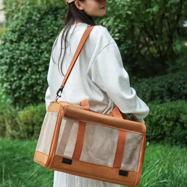 Multifunctional Pet Travel Bag: Large Capacity, Breathable, Portable, Handheld or Crossbody Pet Bag - Brown Wholesale Hub