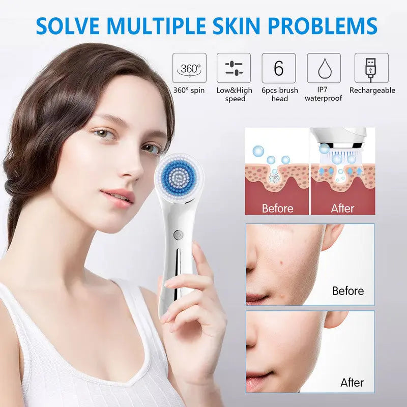 Multifunctional Electric Facial Cleanser - 6-in-1 Electric Facial Cleanser - Home Beauty Device - IPX7 Waterproof - 5 Brush Heads - Hot Compress Facial Cleanser Wholesale Hub