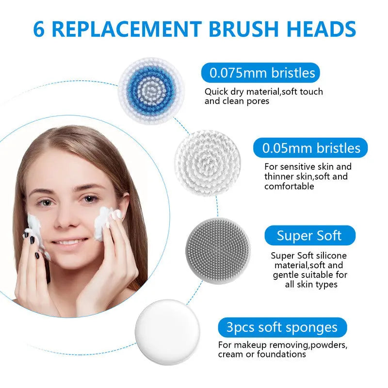 Multifunctional Electric Facial Cleanser - 6-in-1 Electric Facial Cleanser - Home Beauty Device - IPX7 Waterproof - 5 Brush Heads - Hot Compress Facial Cleanser Wholesale Hub