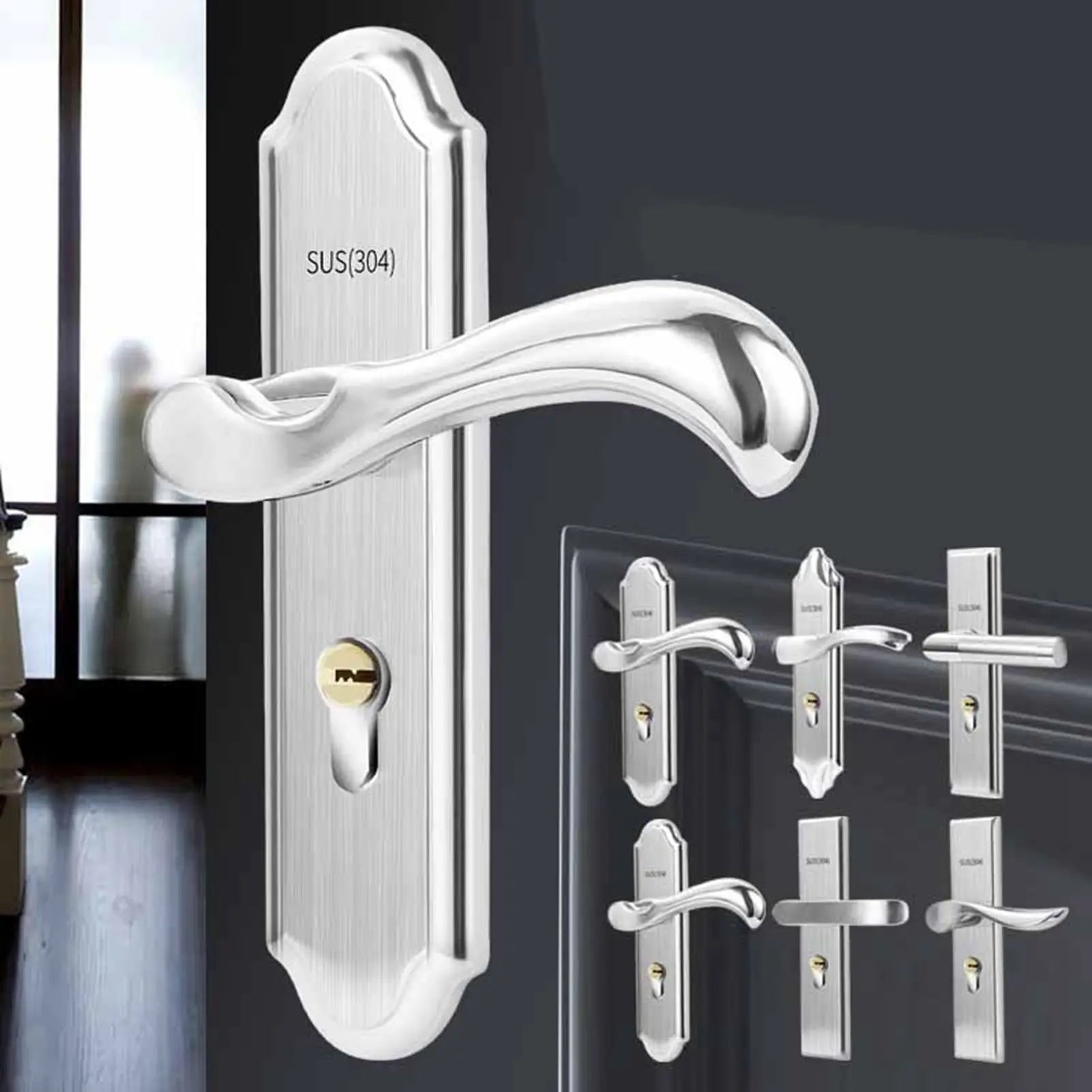 Keyed Entry Door Lock Silent Double Latch Irregular Stainless Steel Door Handle Lock for Bedroom Hotel Balcony Wholesale Hub