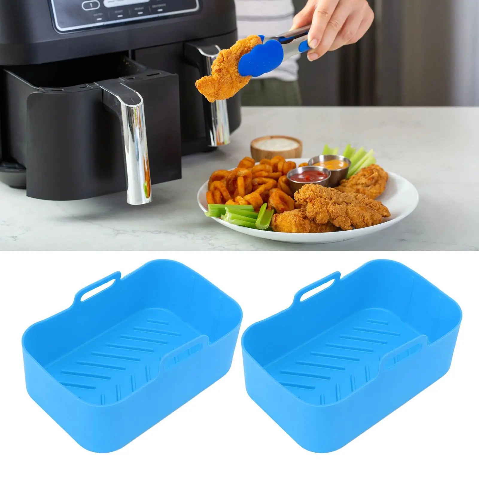 2pcs Fryer Silicone Basket Nonstick High Temperature Resistanc Fryer Liner with Brush for Ninja DZ201 Foodi 8QT Blue Wholesale Hub