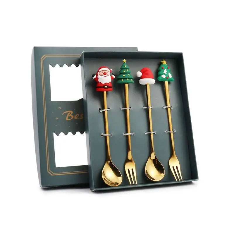 4PCS Christmas Spoon Fork Set Stainless Steel Santa Christmas Tree Shaped Decor Tableware for Home Dinner with Green Box Wholesale Hub
