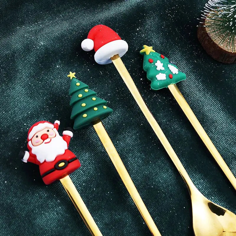 4PCS Christmas Spoon Fork Set Stainless Steel Santa Christmas Tree Shaped Decor Tableware for Home Dinner with Green Box Wholesale Hub