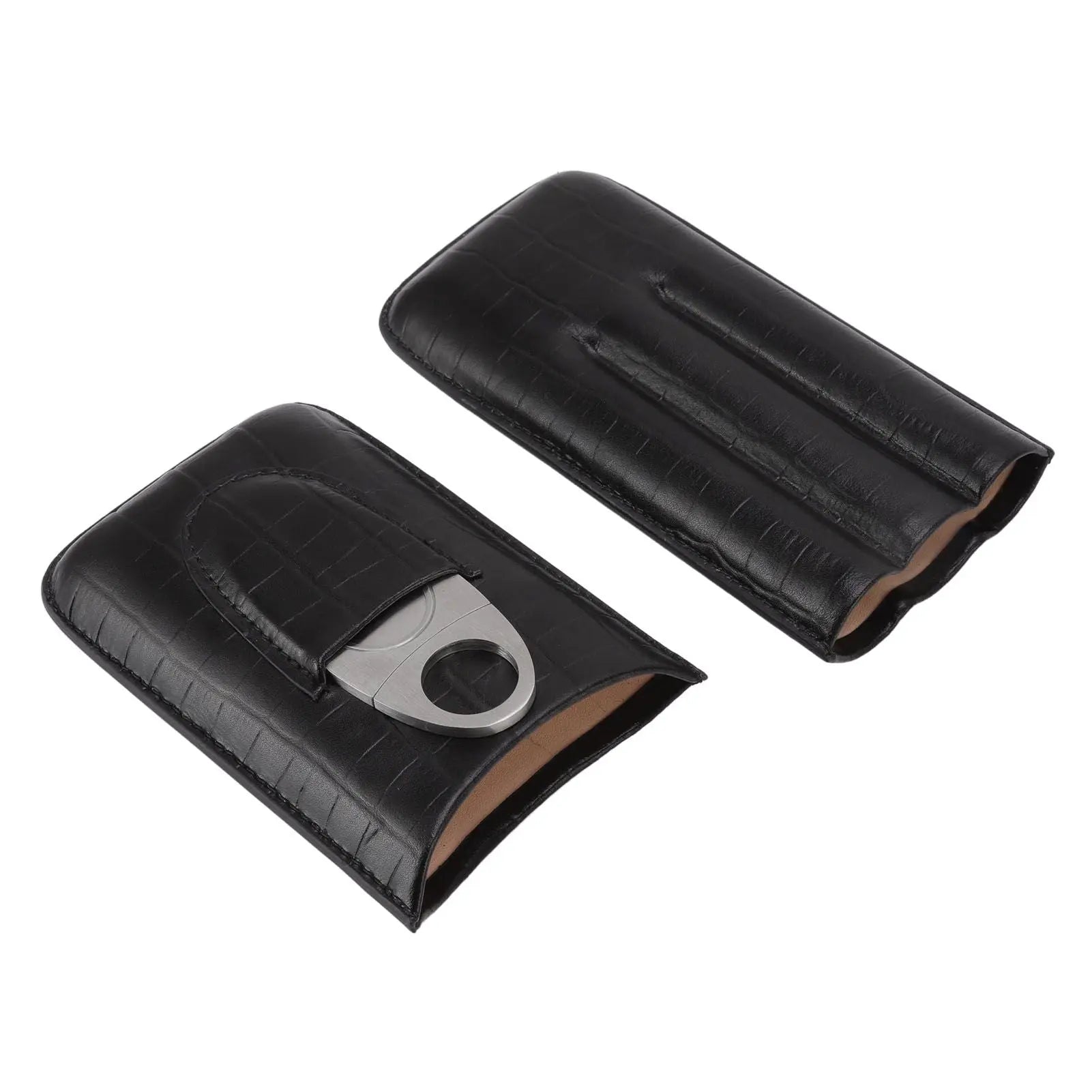 Cigar Leather Case Travel Portable 3pcs Cigar Holder Cigar Humidor with Cutter Set Black with Bamboo Joint Pattern Wholesale Hub