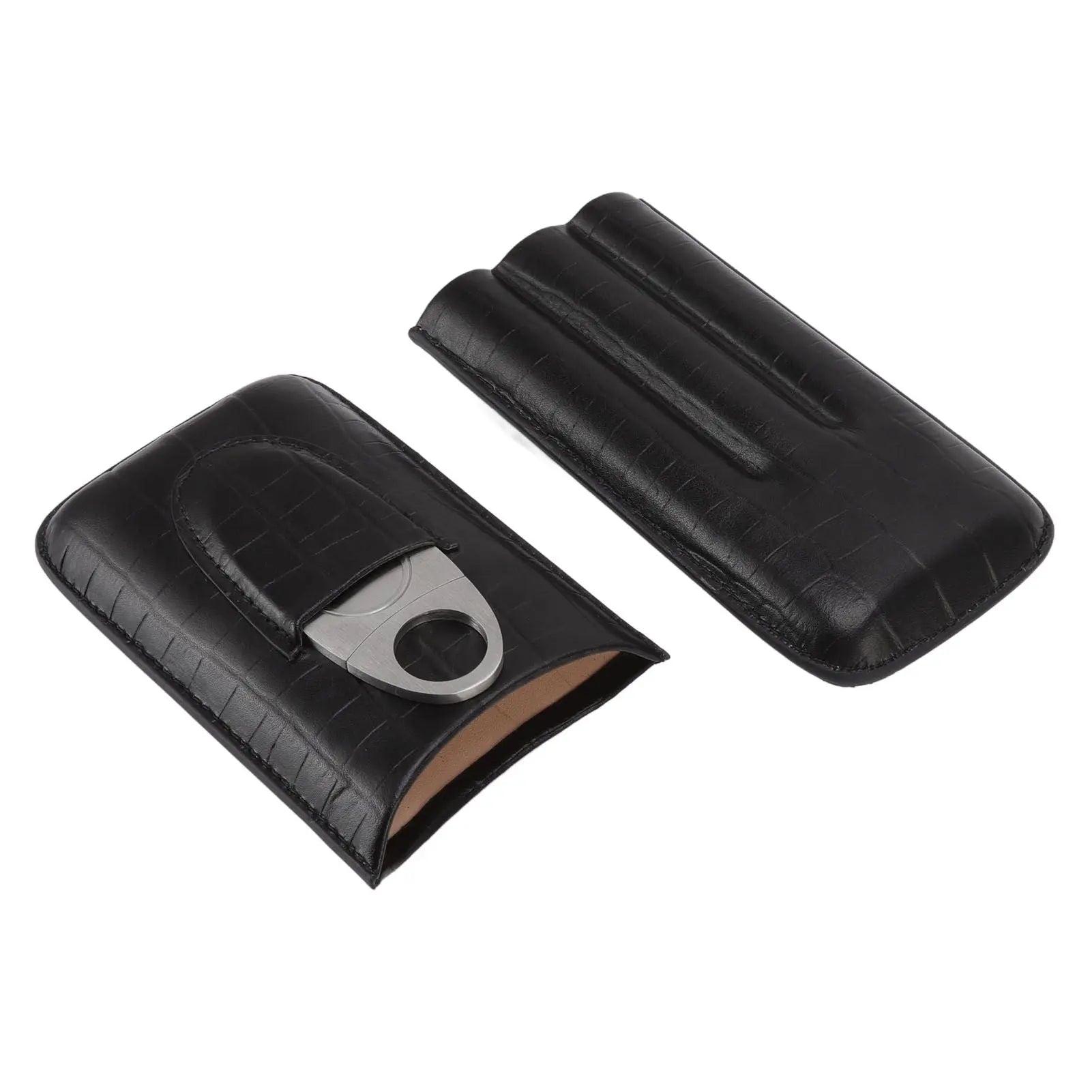 Cigar Leather Case Travel Portable 3pcs Cigar Holder Cigar Humidor with Cutter Set Black with Bamboo Joint Pattern Wholesale Hub