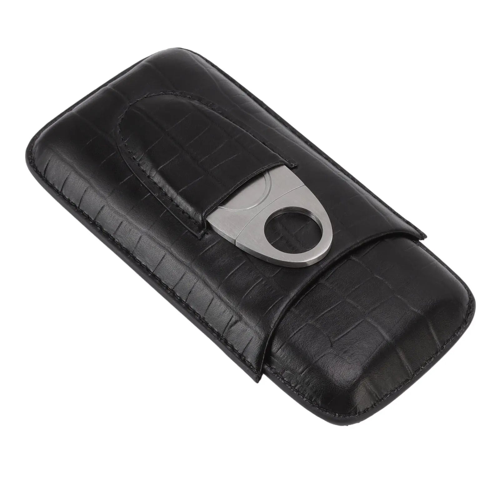 Cigar Leather Case Travel Portable 3pcs Cigar Holder Cigar Humidor with Cutter Set Black with Bamboo Joint Pattern Wholesale Hub