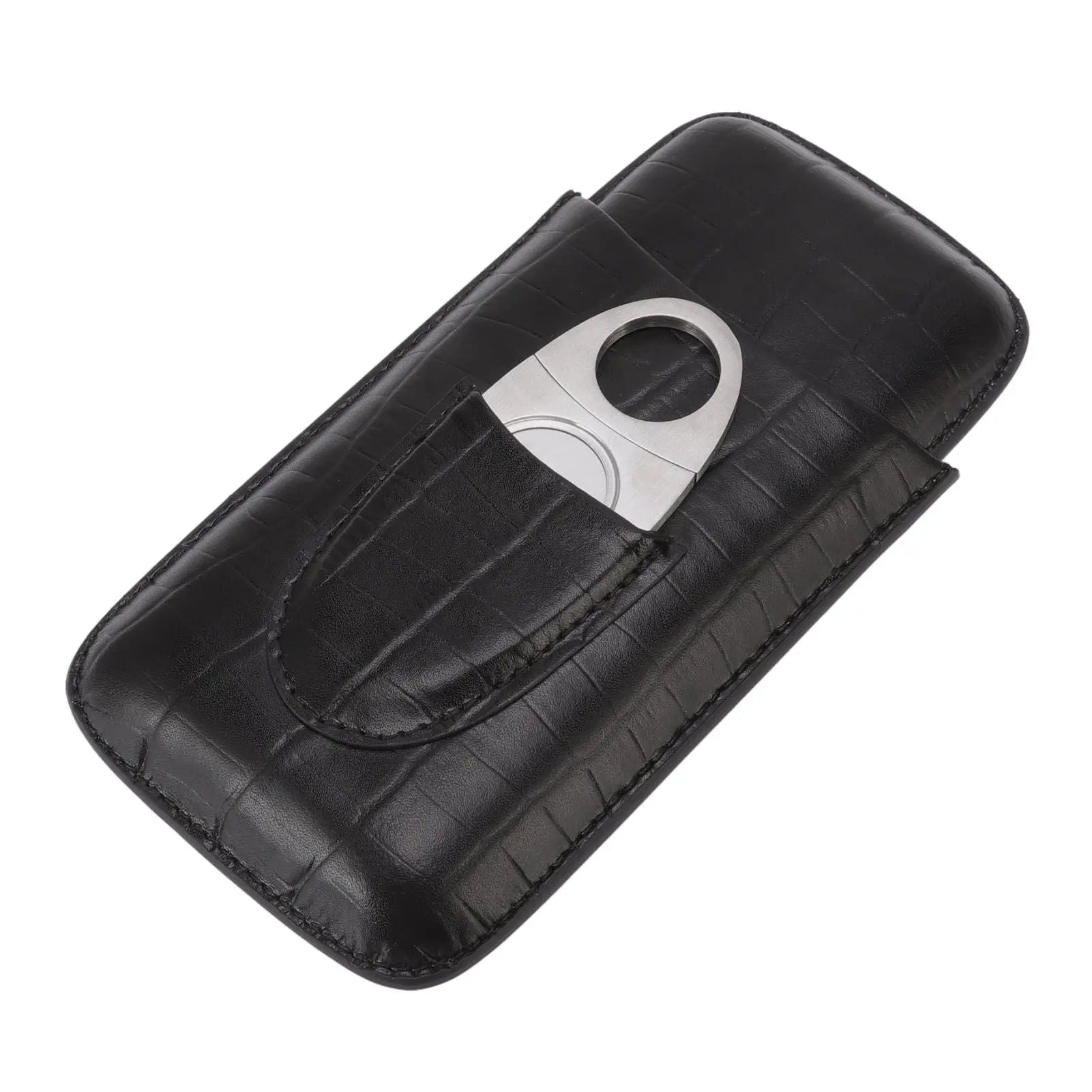 Cigar Leather Case Travel Portable 3pcs Cigar Holder Cigar Humidor with Cutter Set Black with Bamboo Joint Pattern Wholesale Hub