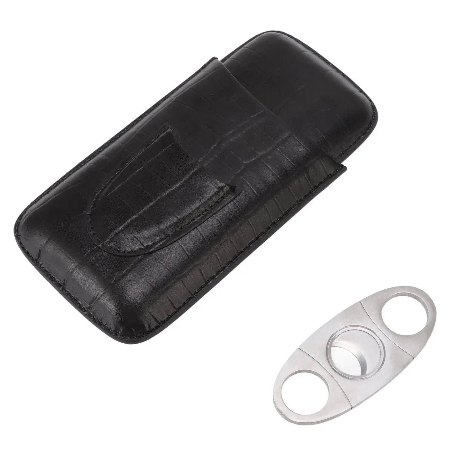 Cigar Leather Case Travel Portable 3pcs Cigar Holder Cigar Humidor with Cutter Set Black with Bamboo Joint Pattern Wholesale Hub