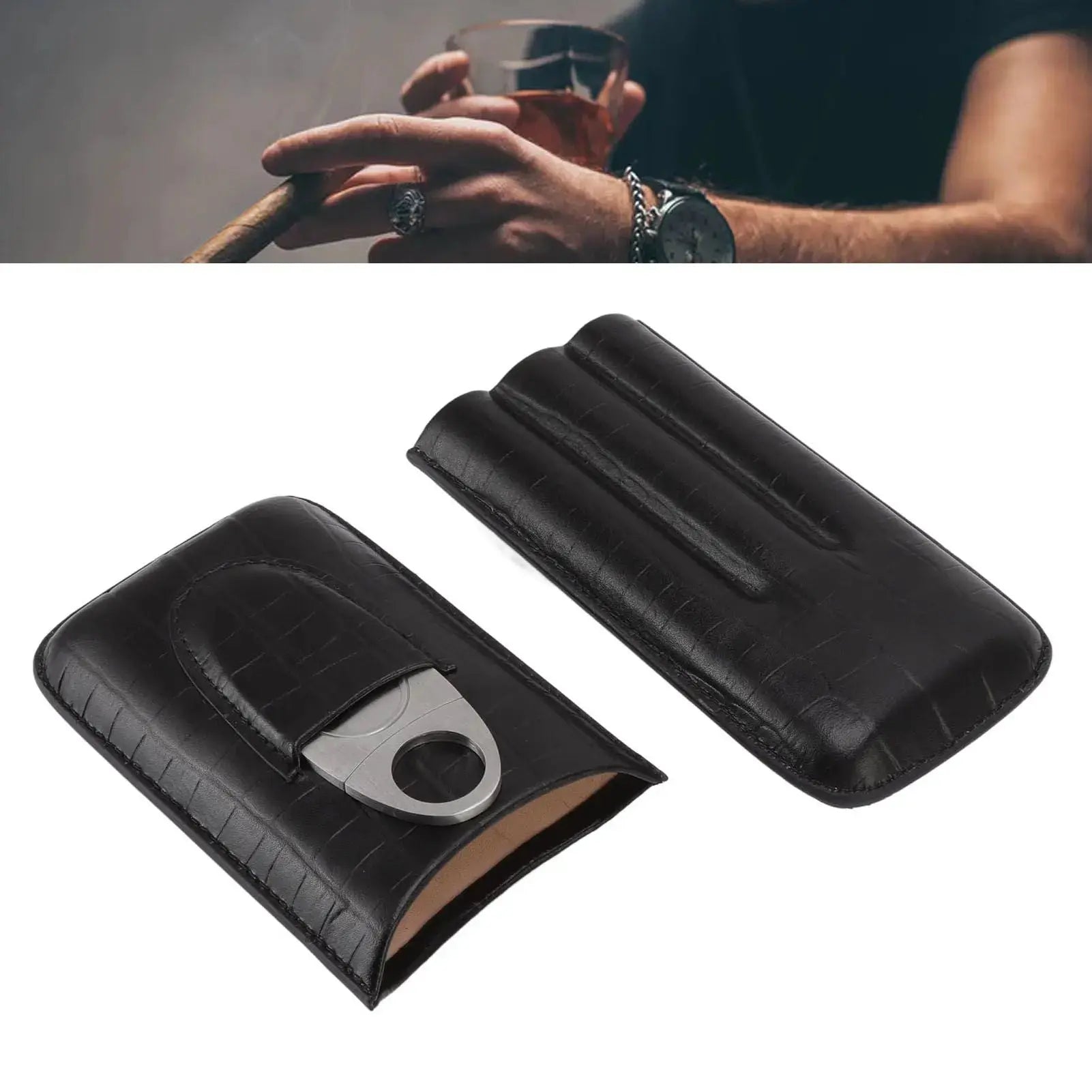 Cigar Leather Case Travel Portable 3pcs Cigar Holder Cigar Humidor with Cutter Set Black with Bamboo Joint Pattern Wholesale Hub