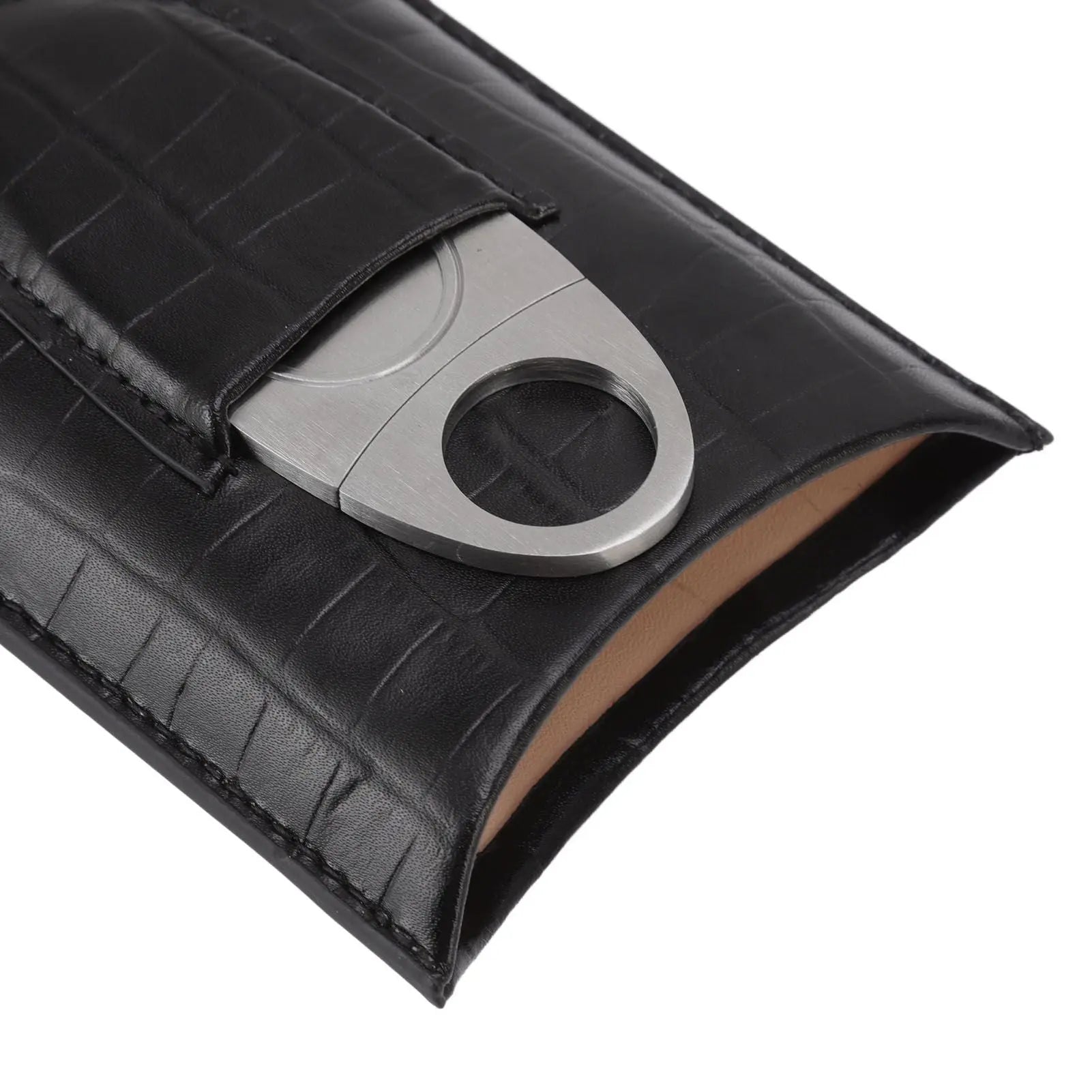 Cigar Leather Case Travel Portable 3pcs Cigar Holder Cigar Humidor with Cutter Set Black with Bamboo Joint Pattern Wholesale Hub