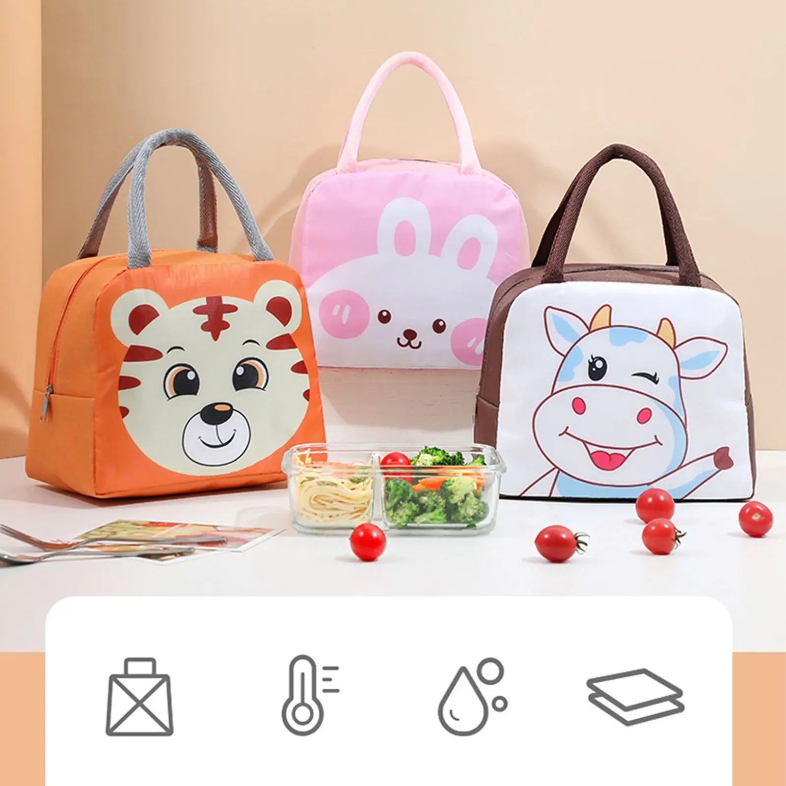 Lunch Bag Cute Cartoon Animal Pattern Waterproof Large Capacity Portable Thermal Insulation Lunch Box Bag for Women Men Tiger Wholesale Hub