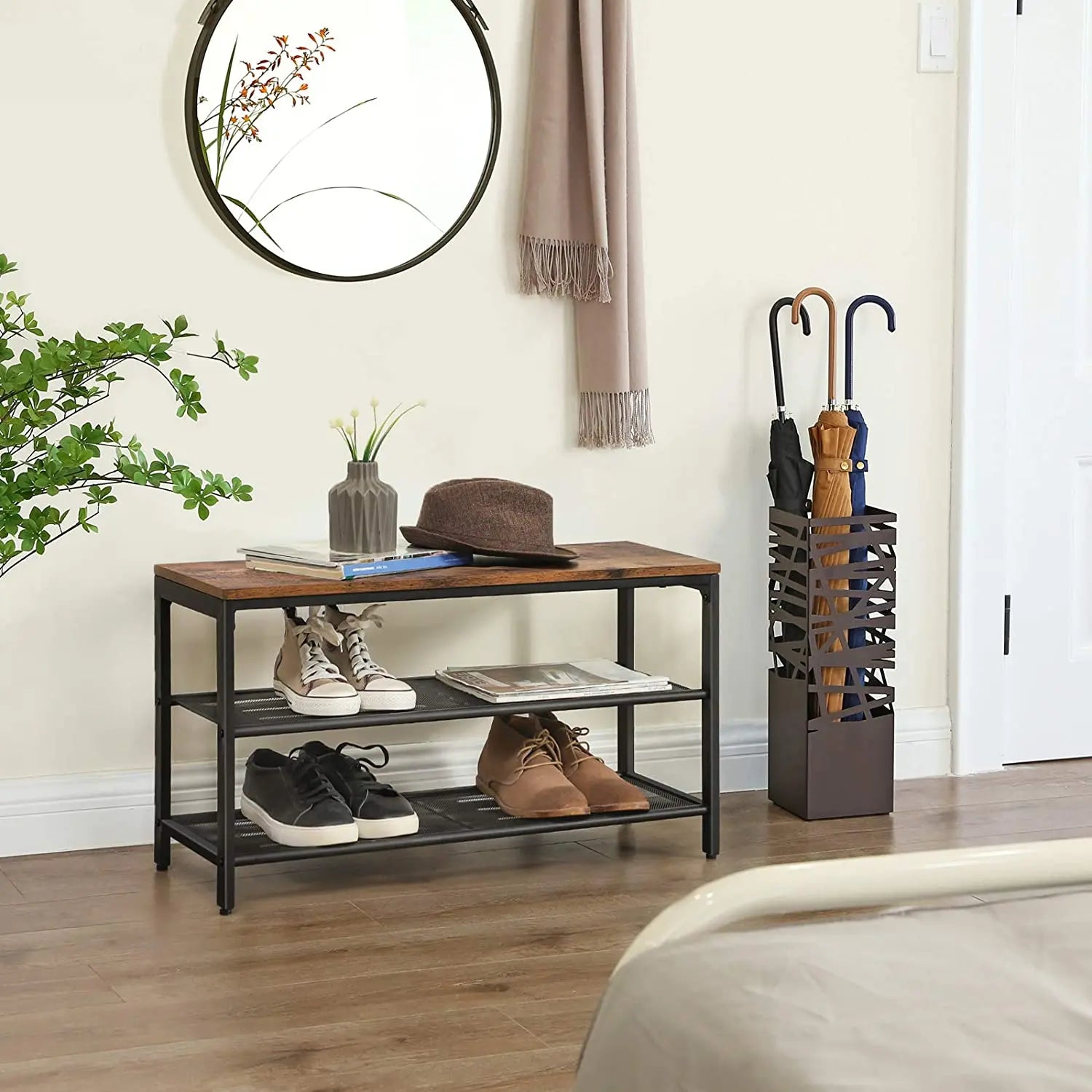 Shoe Rack with 2 Mesh Shelves, Rustic Brown and Black Wholesale Hub