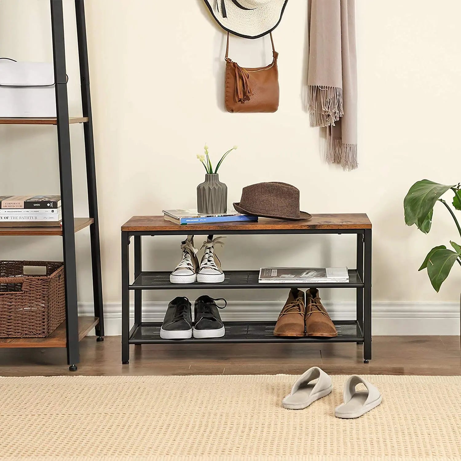 Shoe Rack with 2 Mesh Shelves, Rustic Brown and Black Wholesale Hub