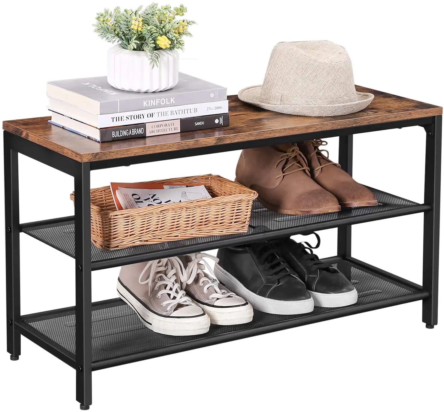 Shoe Rack with 2 Mesh Shelves, Rustic Brown and Black Wholesale Hub