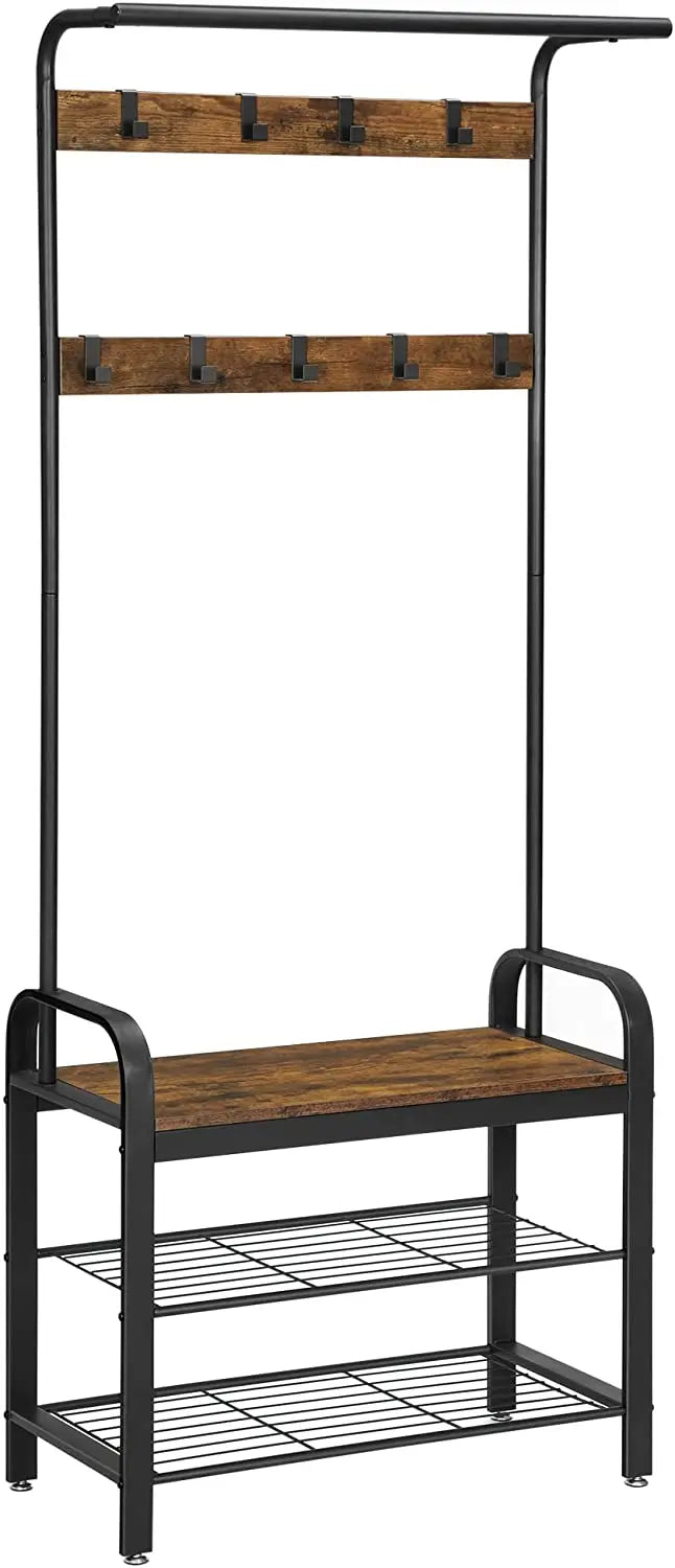 Vintage Coat Rack Shoe Bench, Wood Look Accent Furniture and Metal Frame Wholesale Hub