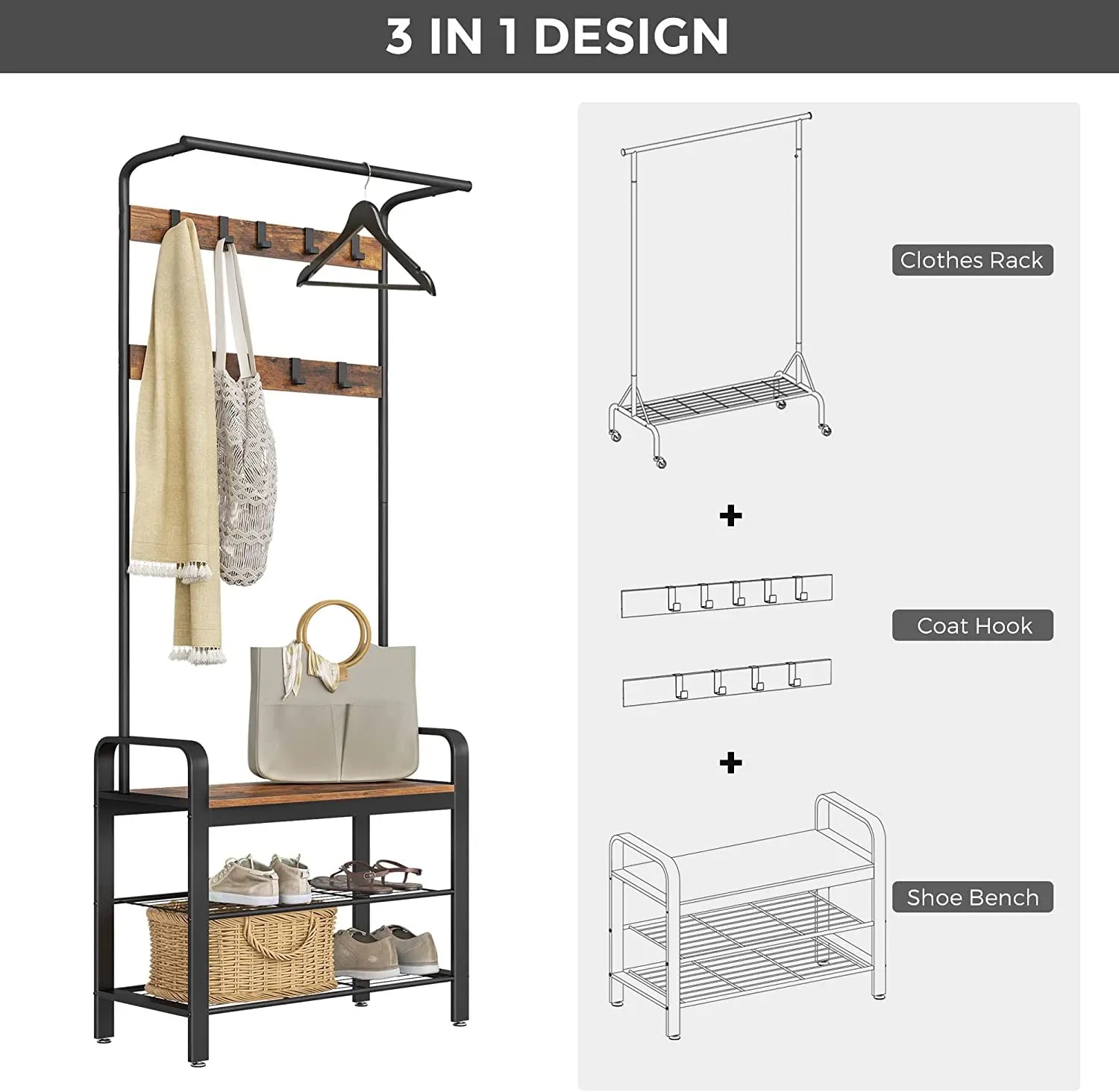Vintage Coat Rack Shoe Bench, Wood Look Accent Furniture and Metal Frame Wholesale Hub
