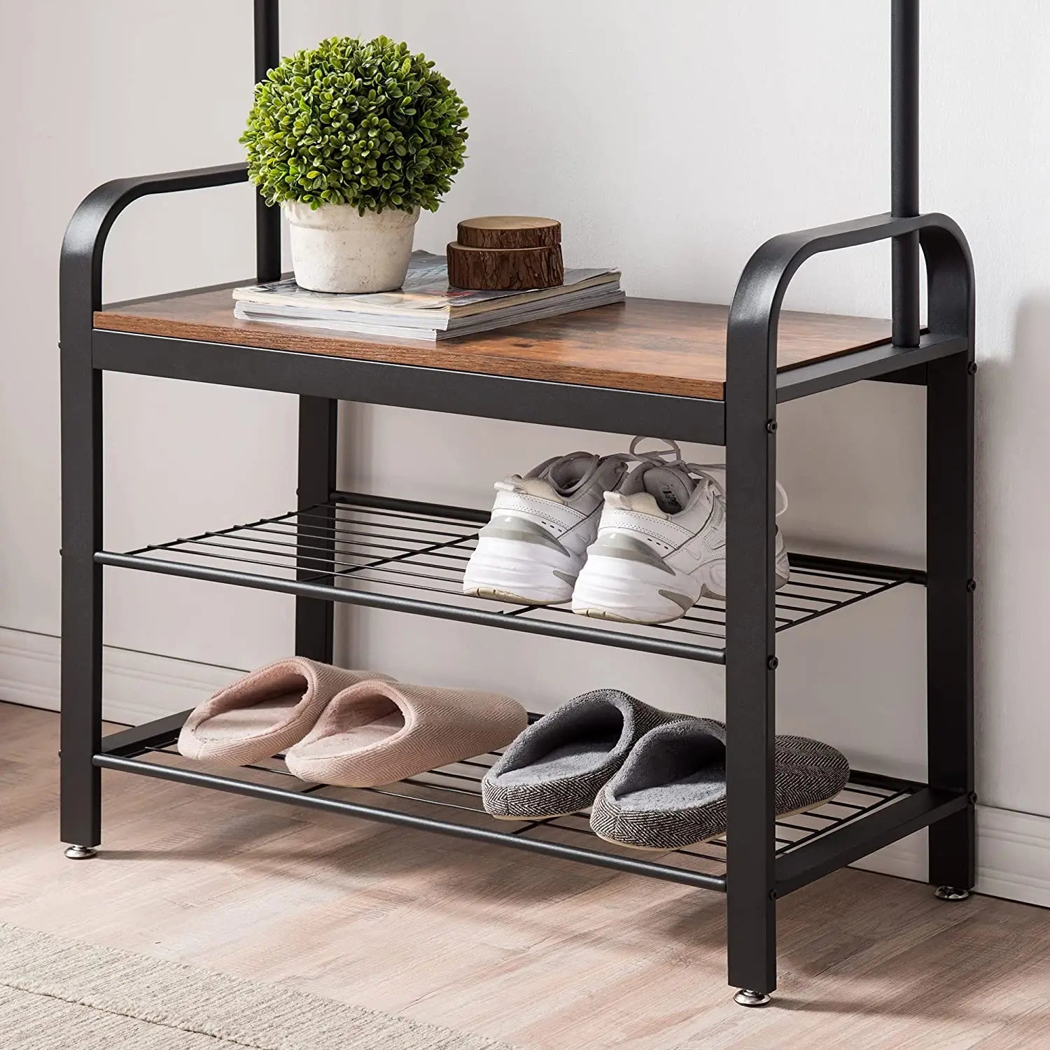 Vintage Coat Rack Shoe Bench, Wood Look Accent Furniture and Metal Frame Wholesale Hub