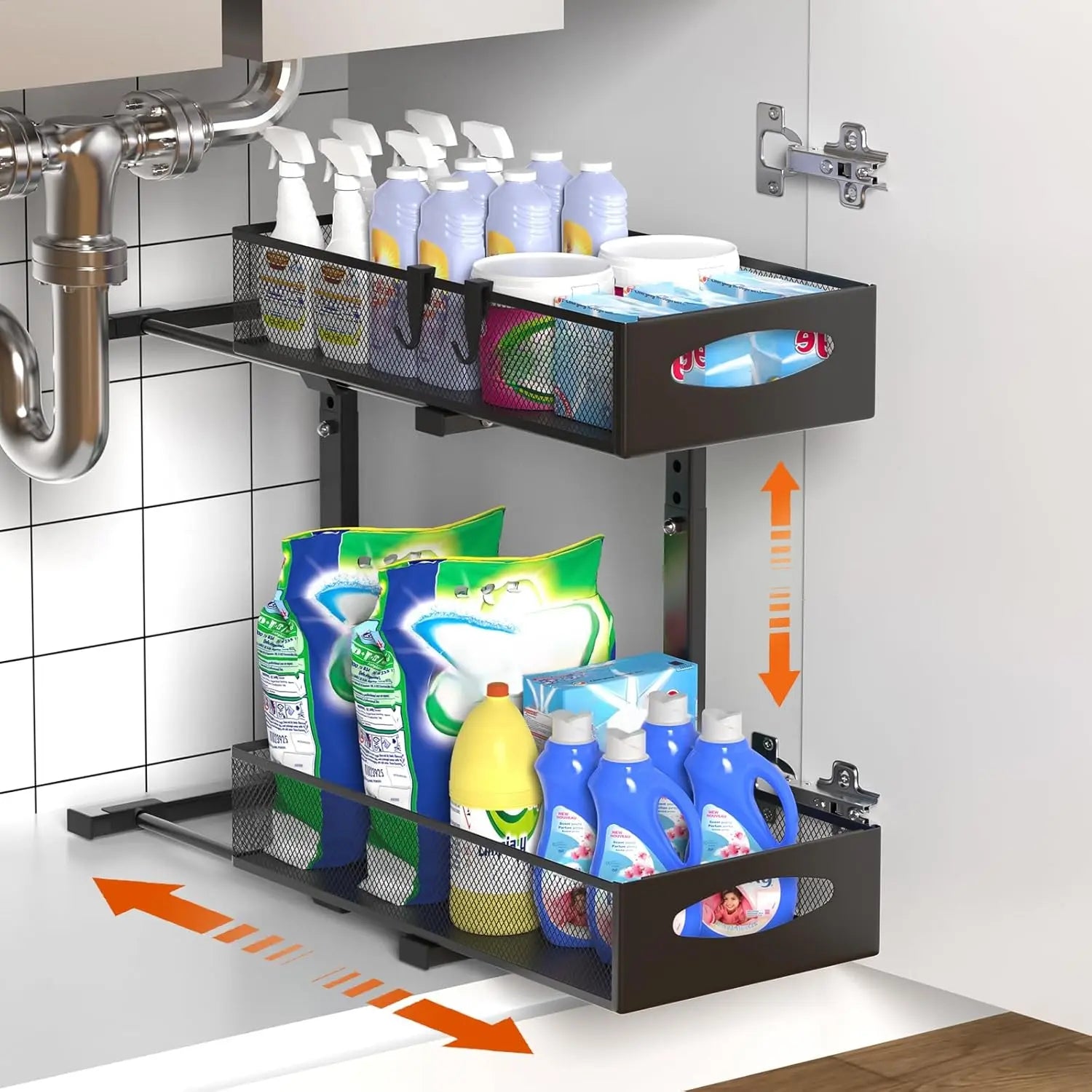 CARLA HOME 2 Tier Under Sink Organizer Pull Out Sliding Cabinet Storage Shelf with Height Adjustable for Kitchen, Bathroom or Laundry Room (Black) Wholesale Hub