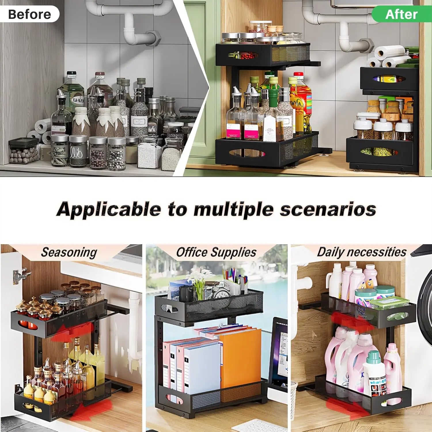 CARLA HOME 2 Tier Under Sink Organizer Pull Out Sliding Cabinet Storage Shelf with Height Adjustable for Kitchen, Bathroom or Laundry Room (Black) Wholesale Hub