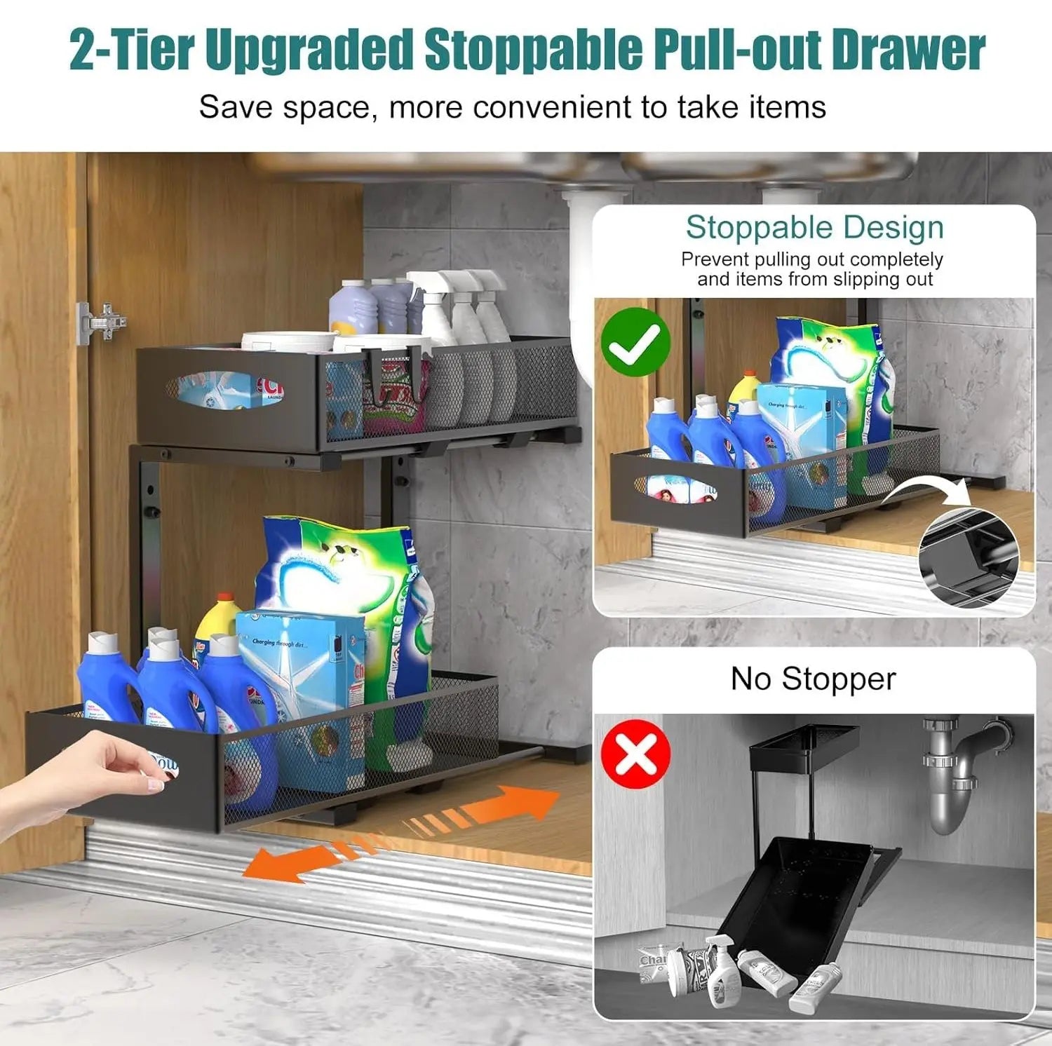 CARLA HOME 2 Tier Under Sink Organizer Pull Out Sliding Cabinet Storage Shelf with Height Adjustable for Kitchen, Bathroom or Laundry Room (Black) Wholesale Hub
