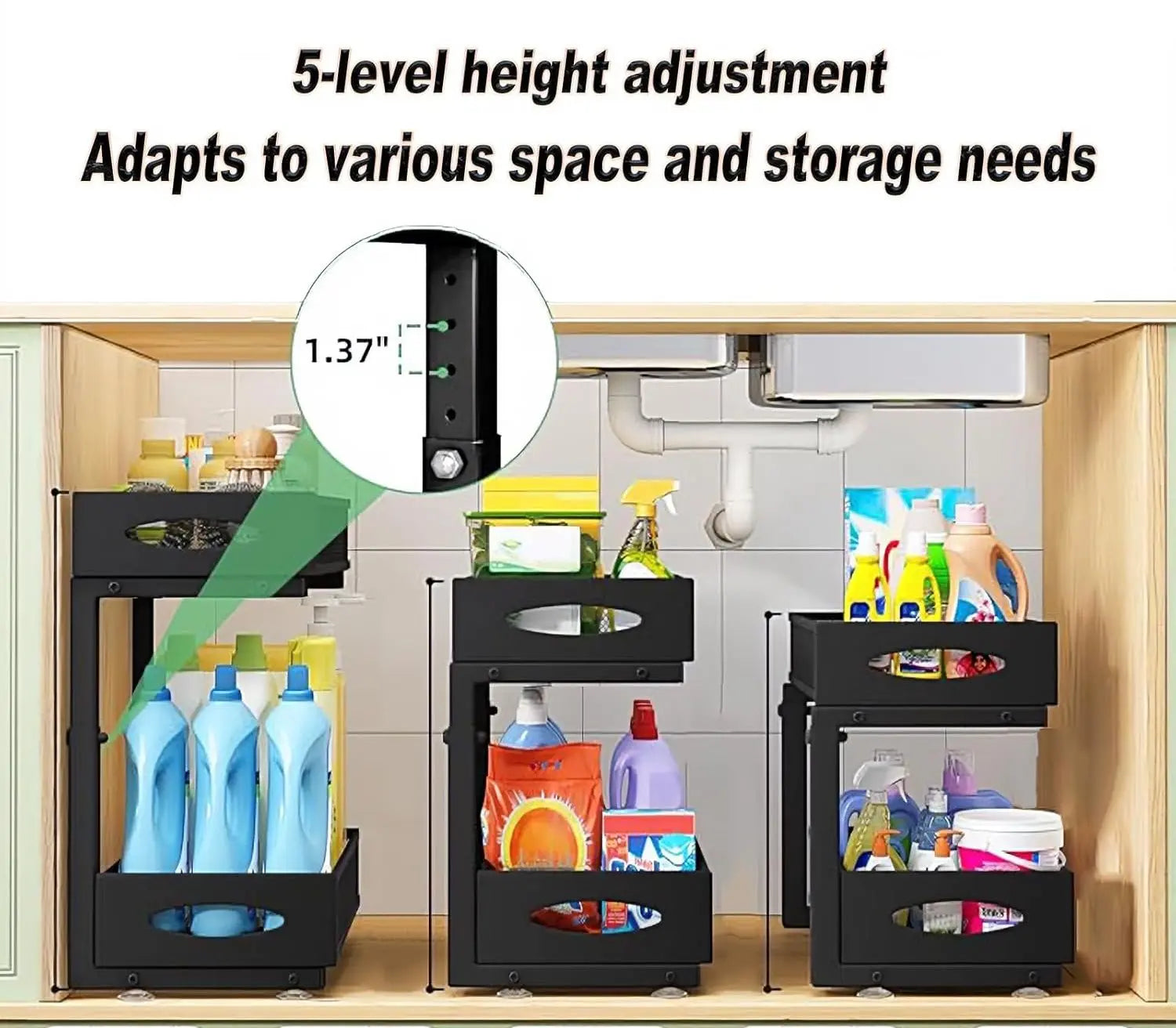 CARLA HOME 2 Tier Under Sink Organizer Pull Out Sliding Cabinet Storage Shelf with Height Adjustable for Kitchen, Bathroom or Laundry Room (Black) Wholesale Hub