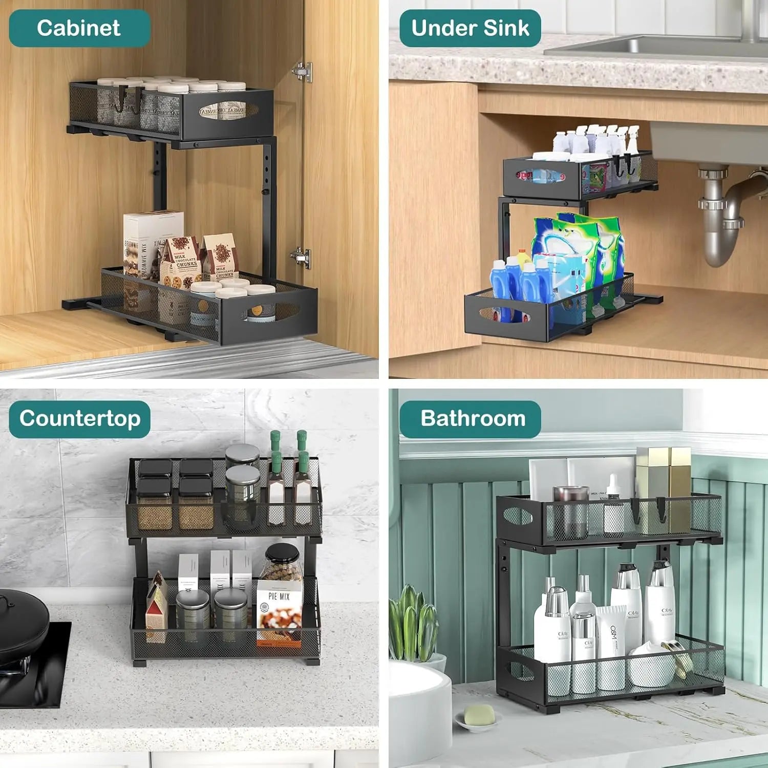 CARLA HOME 2 Tier Under Sink Organizer Pull Out Sliding Cabinet Storage Shelf with Height Adjustable for Kitchen, Bathroom or Laundry Room (Black) Wholesale Hub