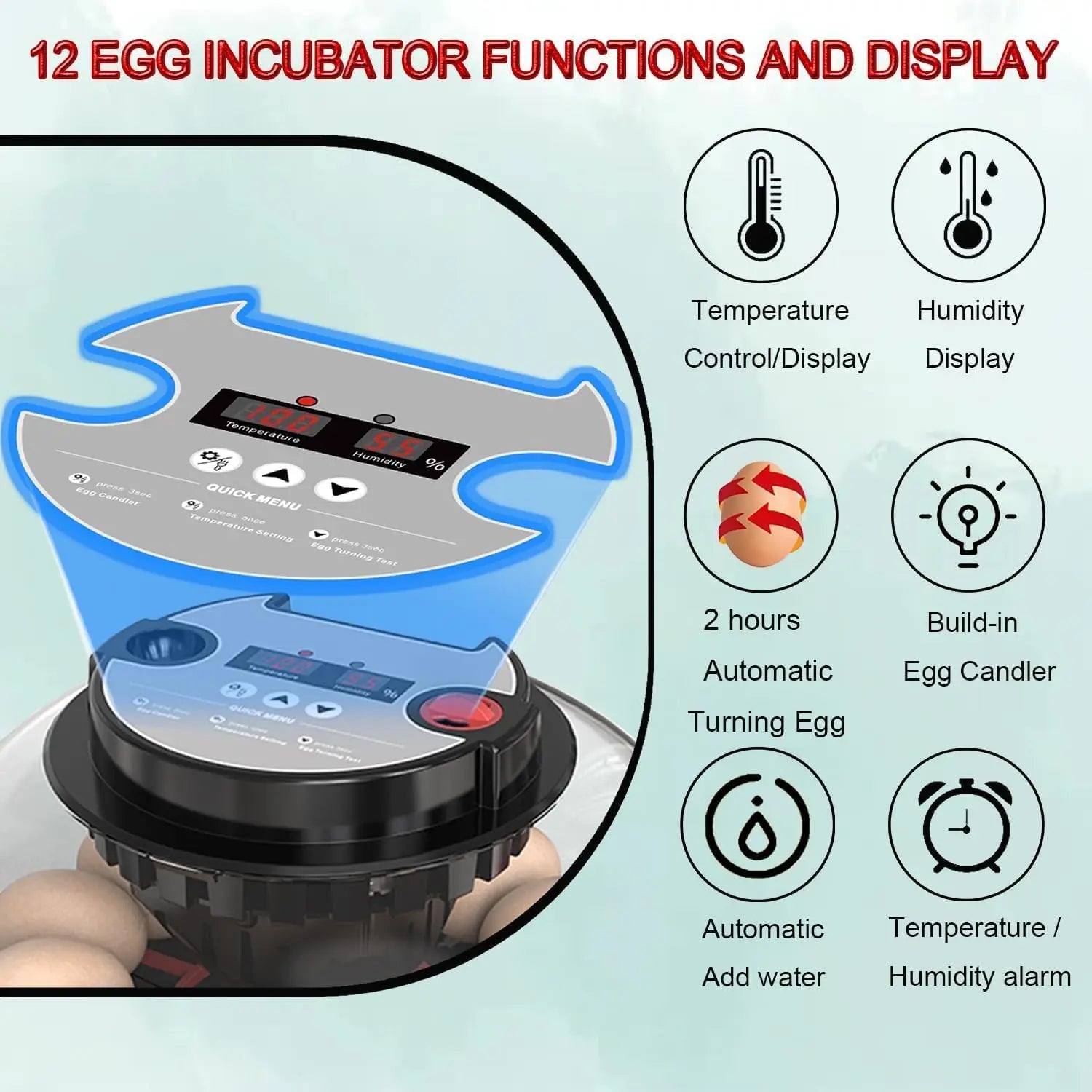 CARLA HOME 12 Egg Incubator with Automatic Turning, LED Display, Humidity & Temperature Control, Auto Water System & Built-in Egg Candler for Chicken, Duck, Quail, Goose Wholesale Hub